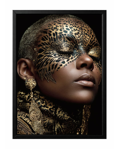 Gold leopard mask portrait wall art featuring a shaved-head woman with intricate black and gold facial patterning across the eyes