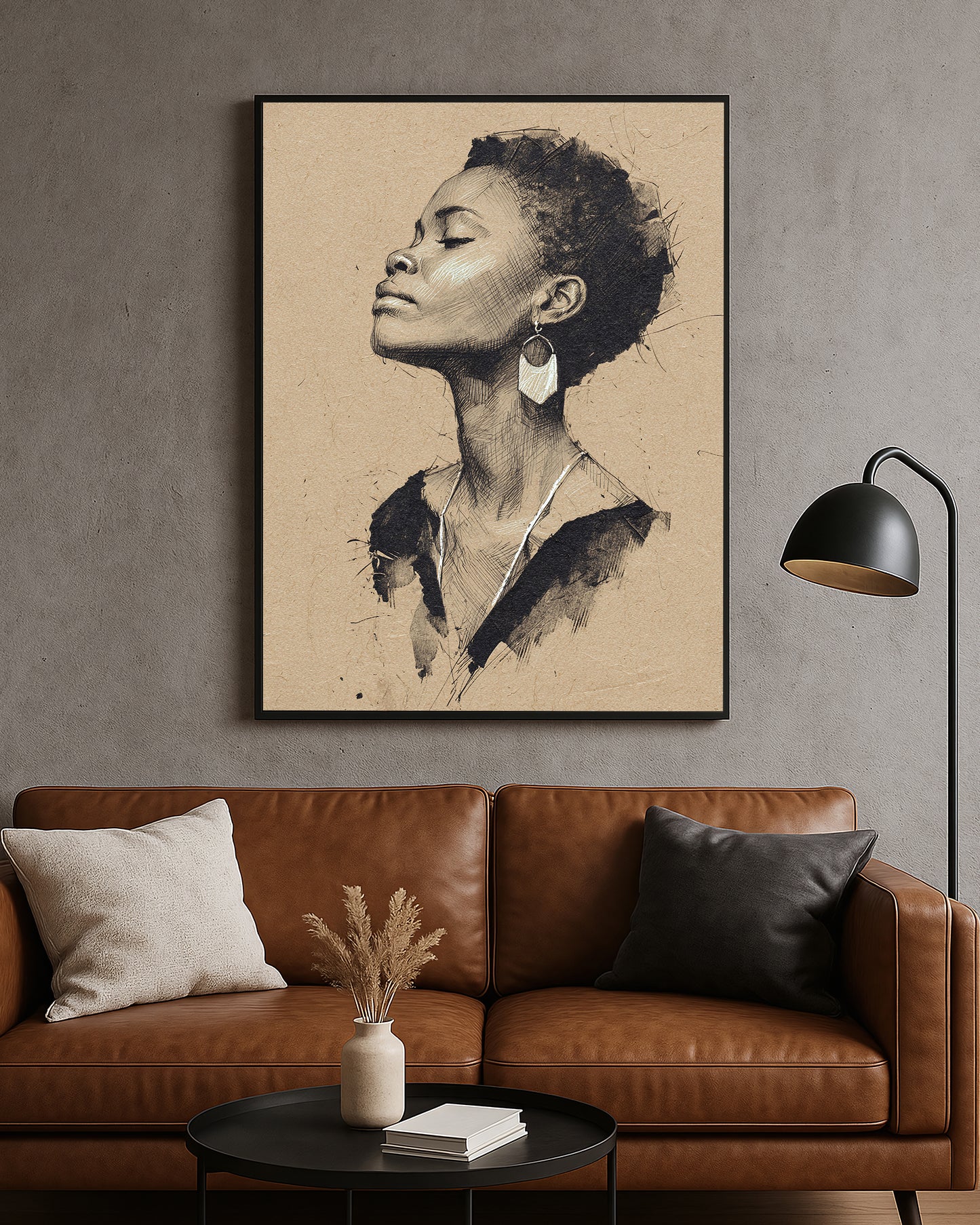 Neutral portrait artwork featuring a woman with closed eyes, hoop earring, and expressive ink-style linework