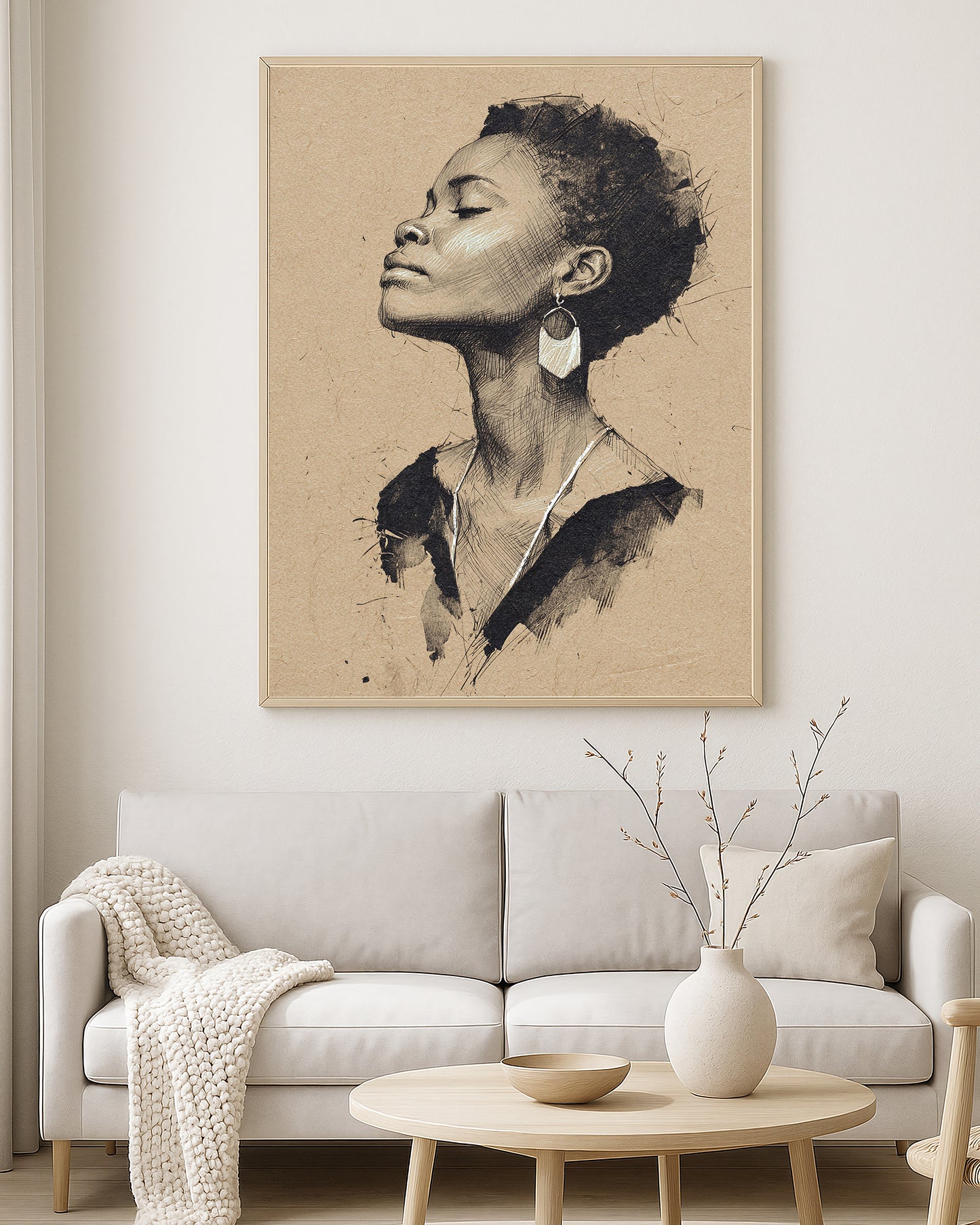 Modern sketch wall art showing a feminine side profile with soft shading on textured paper-like tones