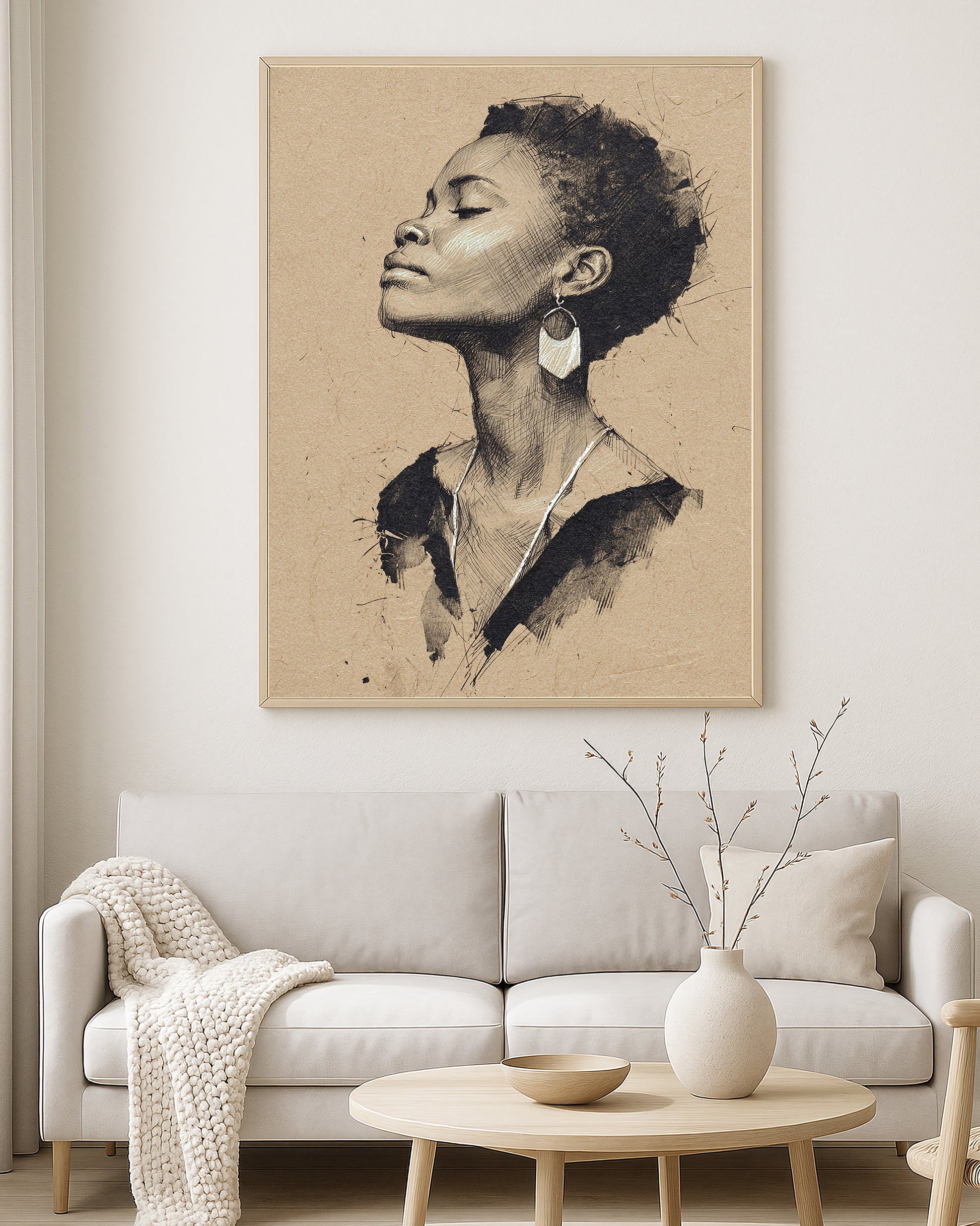 Modern sketch wall art showing a feminine side profile with soft shading on textured paper-like tones