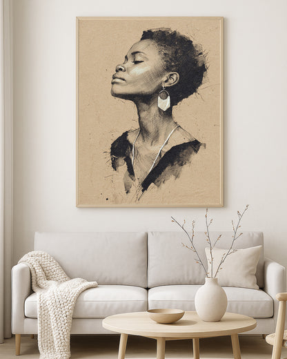 Modern sketch wall art showing a feminine side profile with soft shading on textured paper-like tones