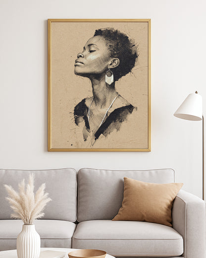 Editorial portrait print with minimalist black brush lines and a calm woman figure on beige