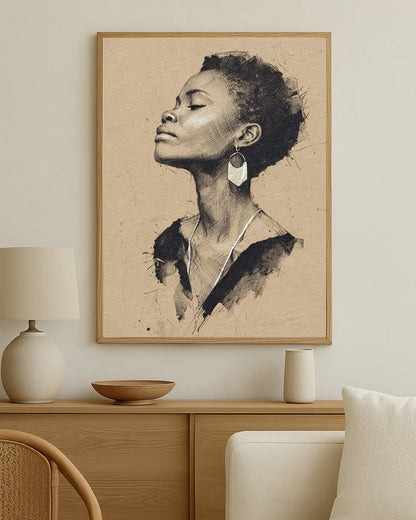 Feminine wall decor with a hand-drawn style portrait in neutral tones and elegant minimalist composition