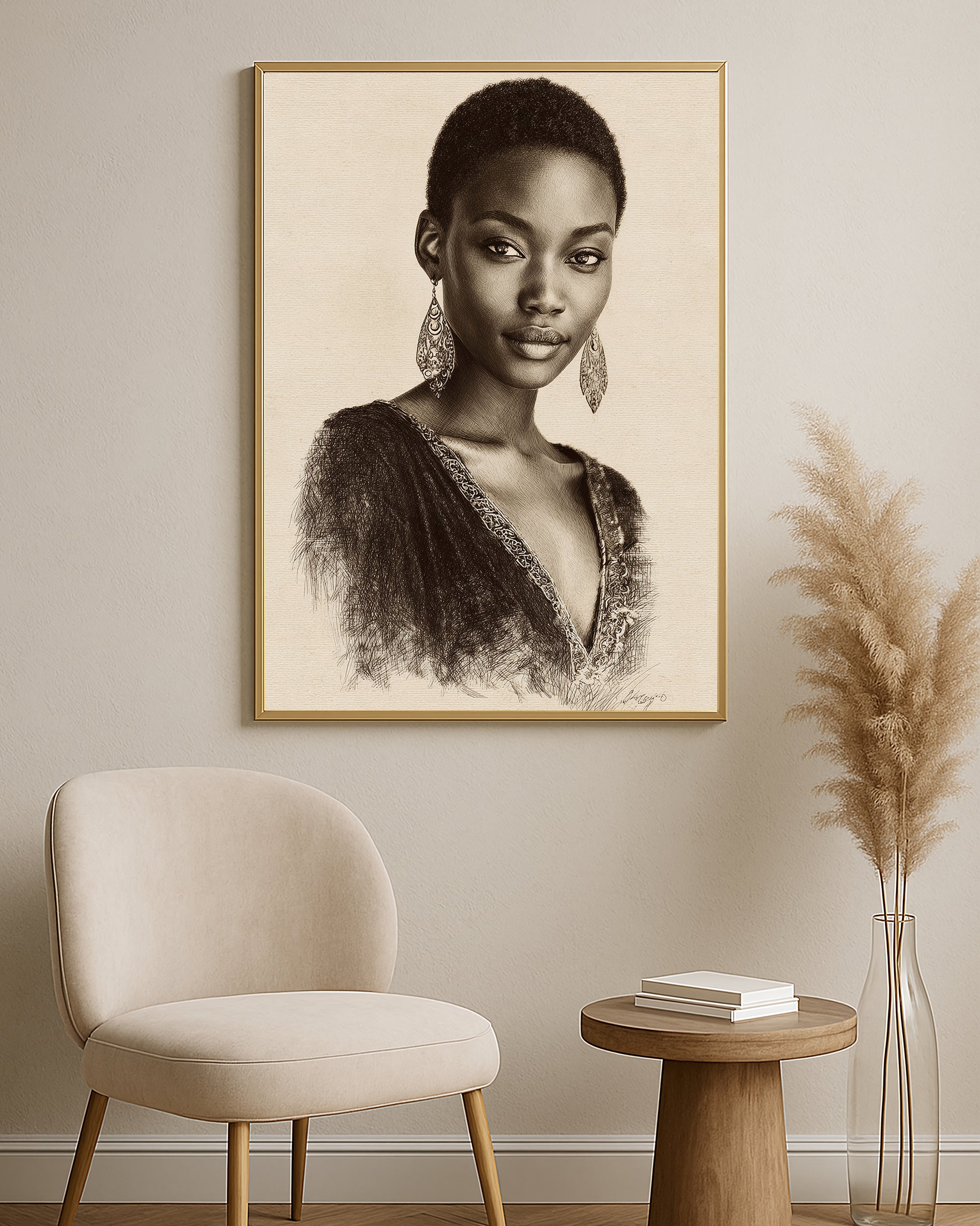 Neutral portrait artwork featuring a poised woman with ornate earrings and refined sketch-style shading