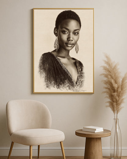 Neutral portrait artwork featuring a poised woman with ornate earrings and refined sketch-style shading