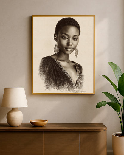 Sophisticated portrait decor with a woman in a textured monochrome drawing on natural linen tones