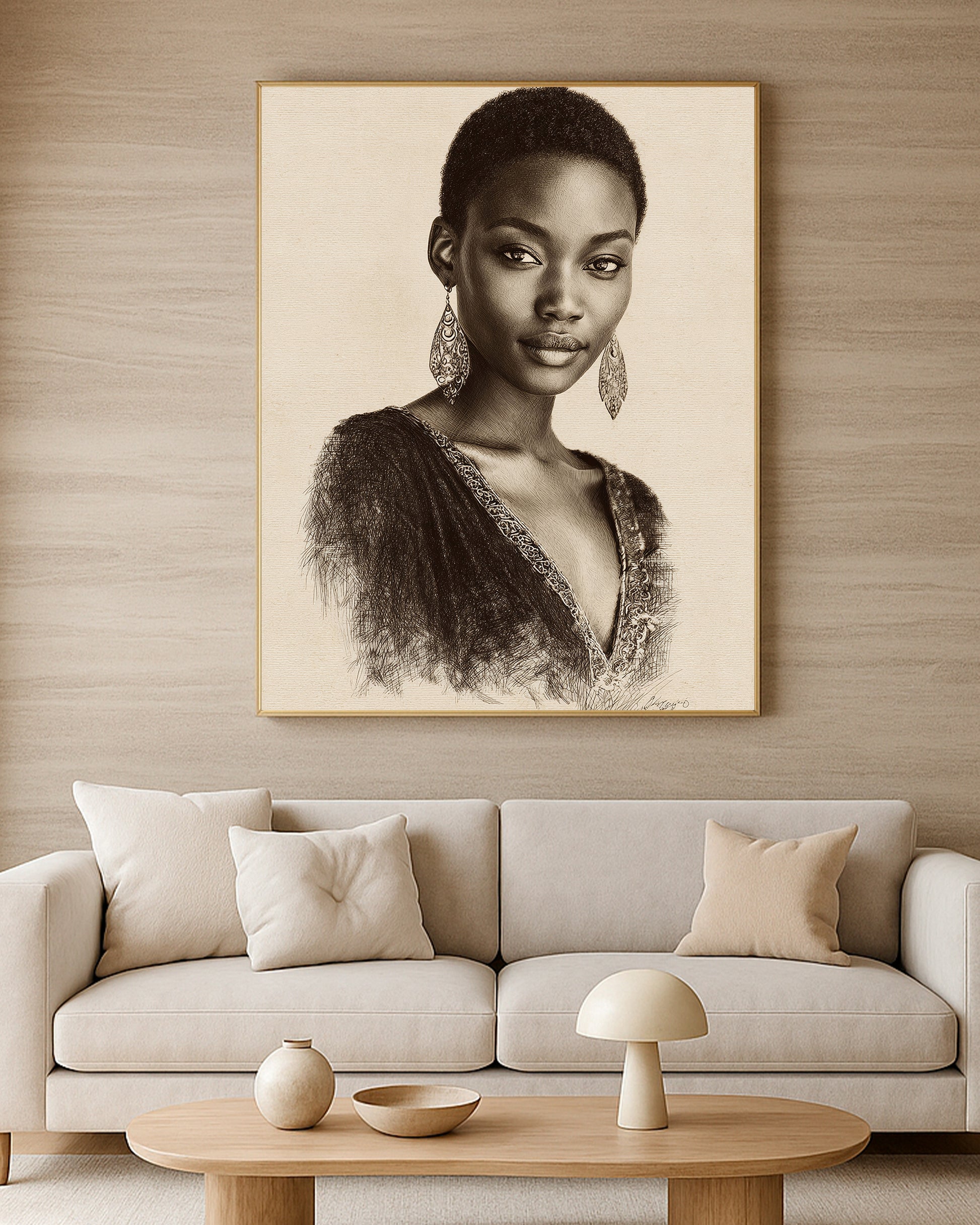 Modern feminine wall art with graceful facial detail, neutral palette, and elegant hand-drawn style