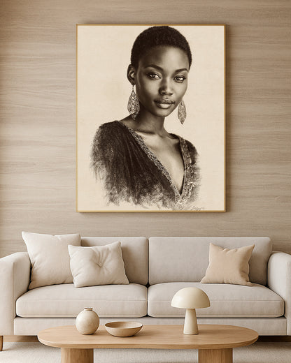 Modern feminine wall art with graceful facial detail, neutral palette, and elegant hand-drawn style