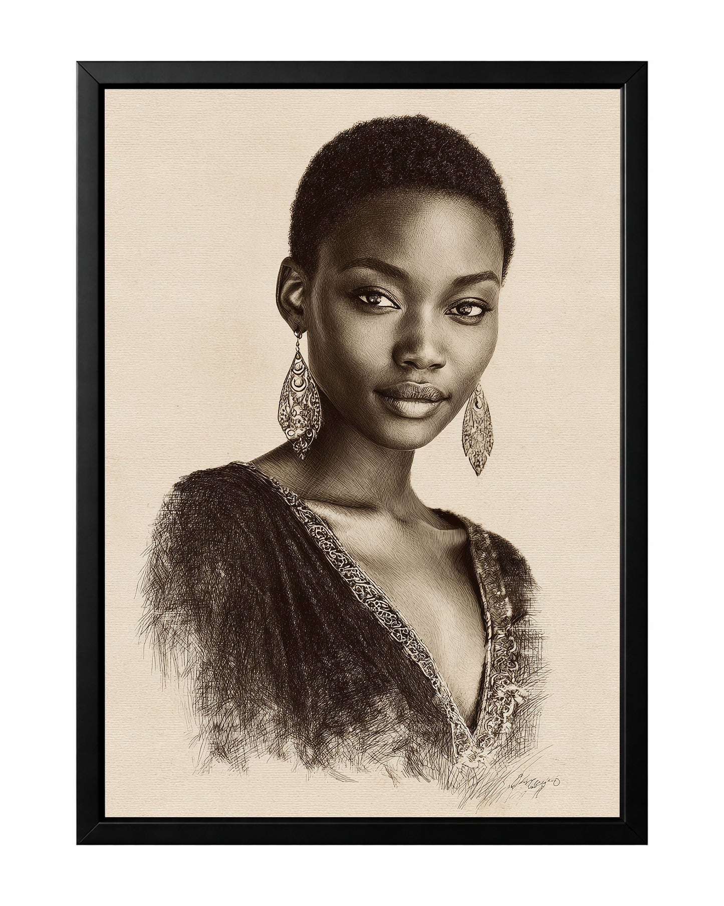 Elegant woman portrait wall art with detailed monochrome linework on a warm beige background