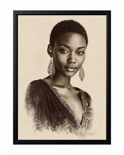 Elegant woman portrait wall art with detailed monochrome linework on a warm beige background