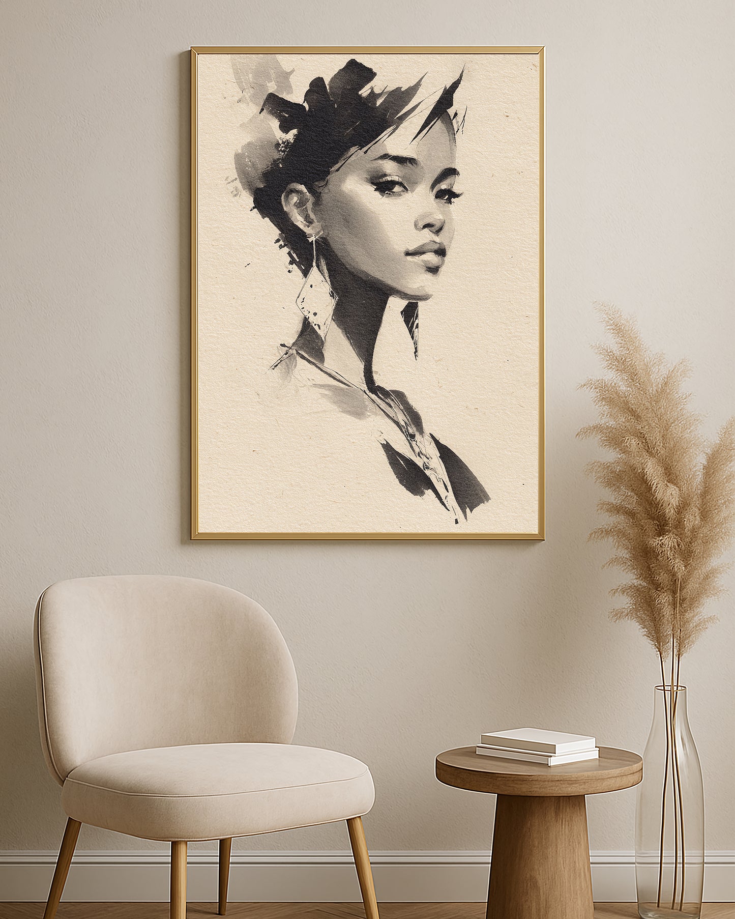Editorial wall art print showing a feminine portrait with soft shading and abstract brush accents