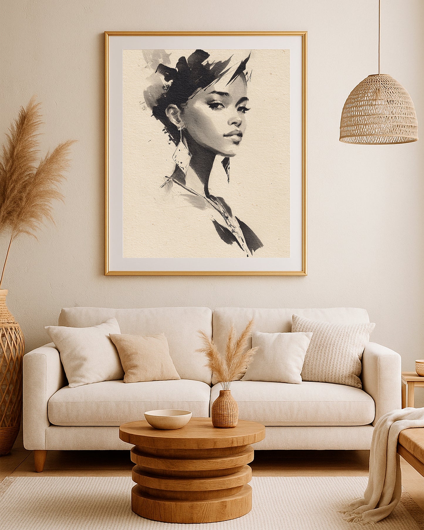 Modern sketch-inspired portrait decor with black and ivory tones on textured paper-like beige