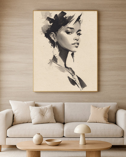 Feminine wall art with refined monochrome linework and a calm minimalist portrait composition