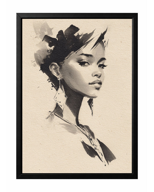 Minimalist woman portrait wall art with expressive black brushwork on a warm beige background