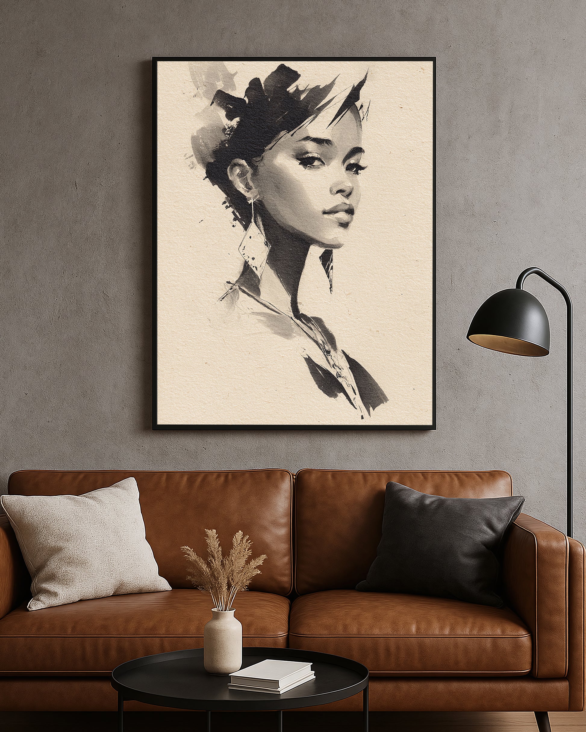 Neutral portrait artwork featuring a poised woman with elegant earrings in monochrome ink-style detail
