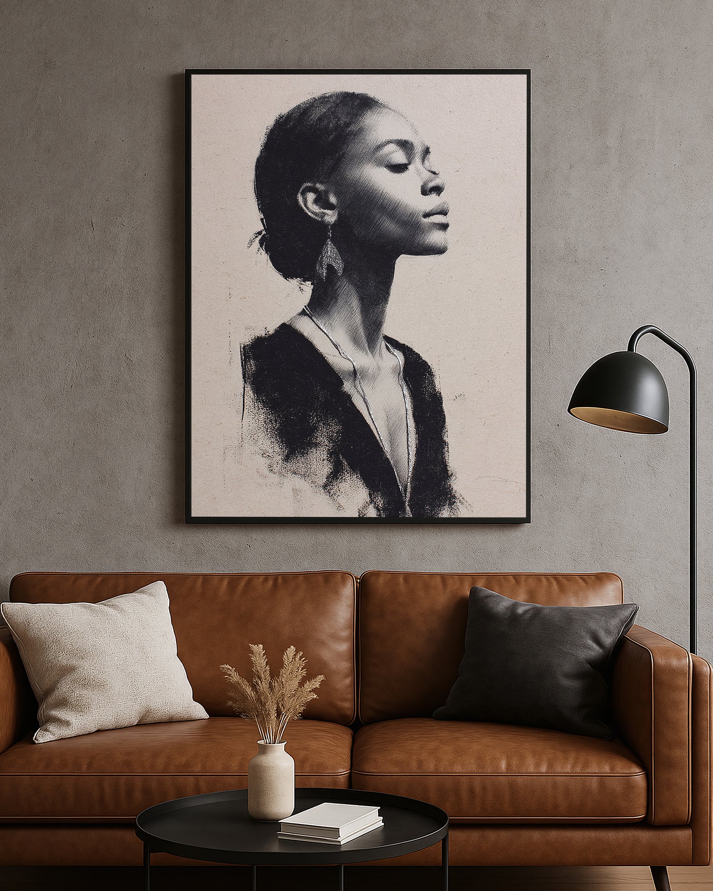 Editorial wall art print showing a feminine side profile in black and ivory tones with delicate detail