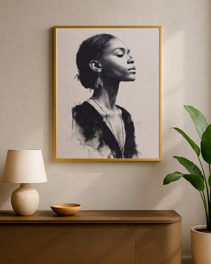 Modern portrait decor with expressive monochrome drawing on a textured paper-like neutral backdrop