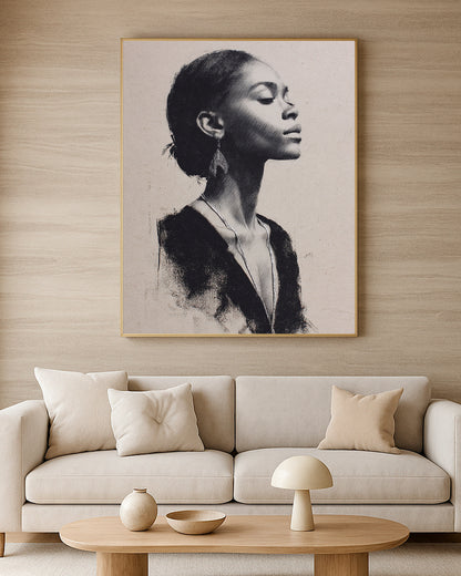Feminine wall art with graceful facial detail, calm minimalist composition, and timeless neutral tones