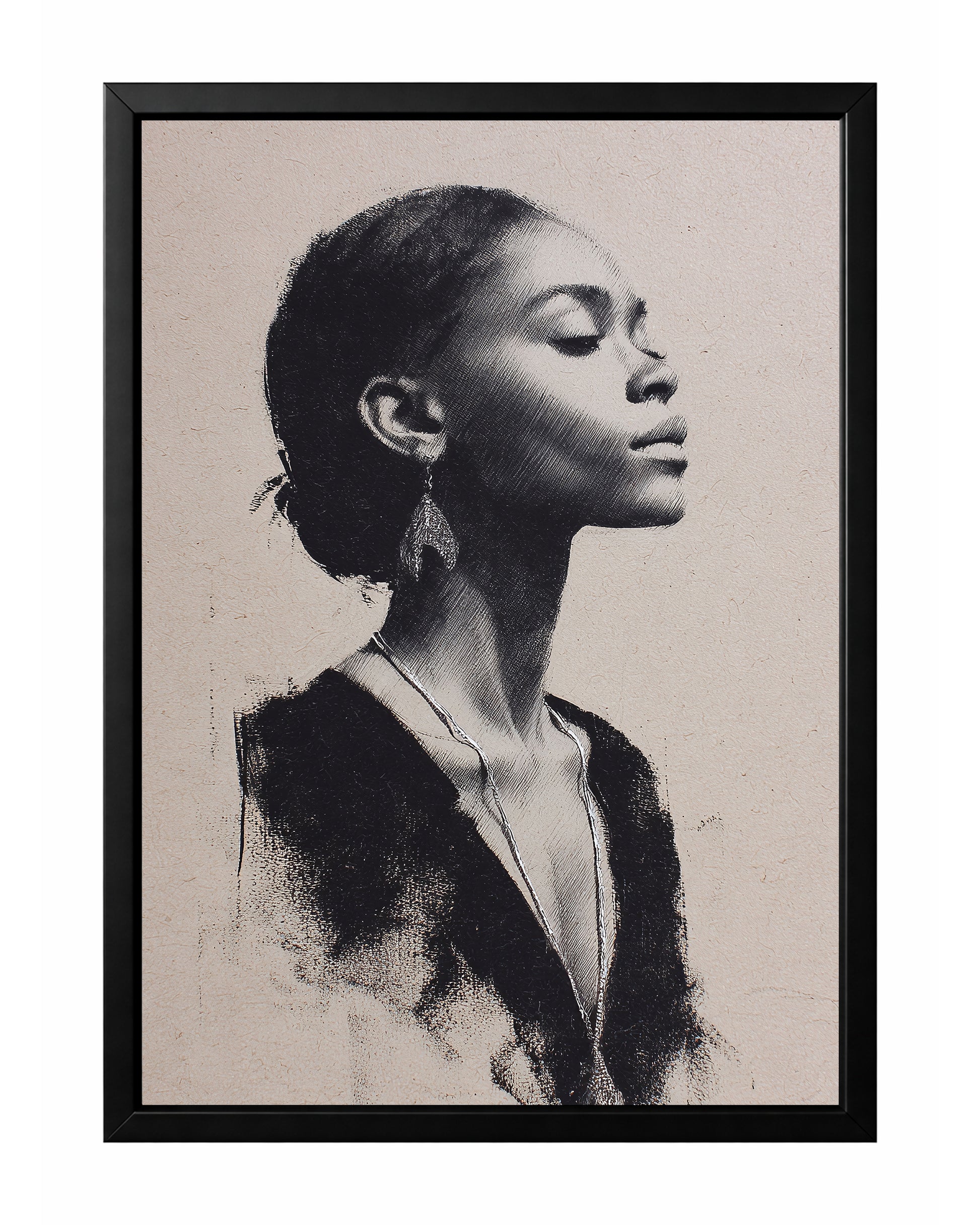 Minimalist woman portrait wall art with a serene side profile rendered in monochrome linework on a warm beige background