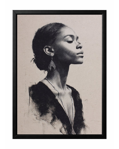 Minimalist woman portrait wall art with a serene side profile rendered in monochrome linework on a warm beige background