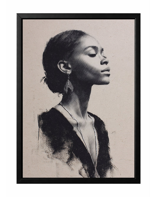Minimalist woman portrait wall art with a serene side profile rendered in monochrome linework on a warm beige background