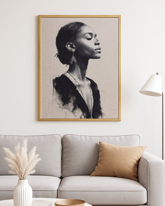 Neutral portrait artwork featuring a woman with closed eyes, elegant earring, and refined sketch-style shading