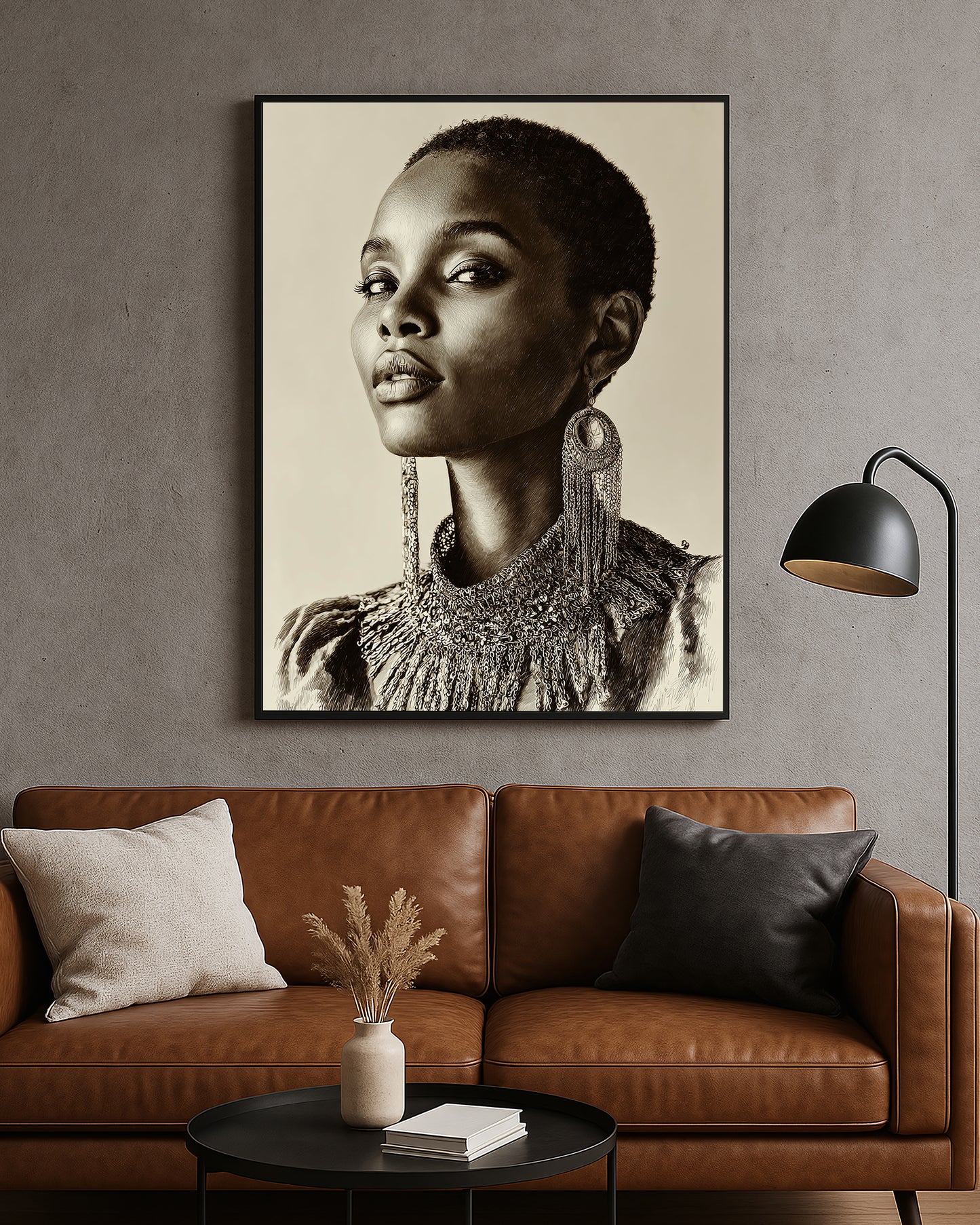 Neutral portrait artwork featuring a poised woman with close-cropped hair and intricate jewelry in refined sketch-style detail
