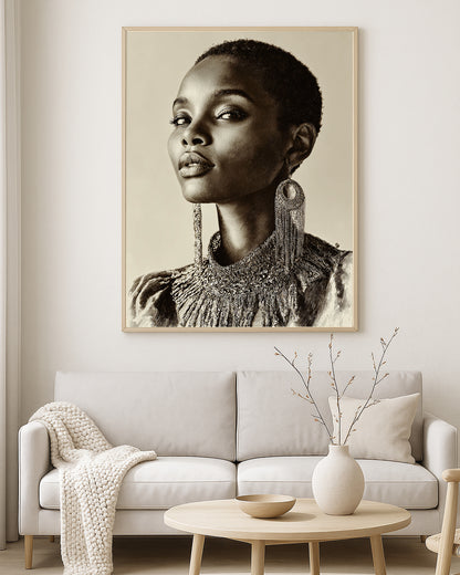 Editorial wall art print showing a feminine portrait in brown and ivory tones with rich decorative texture