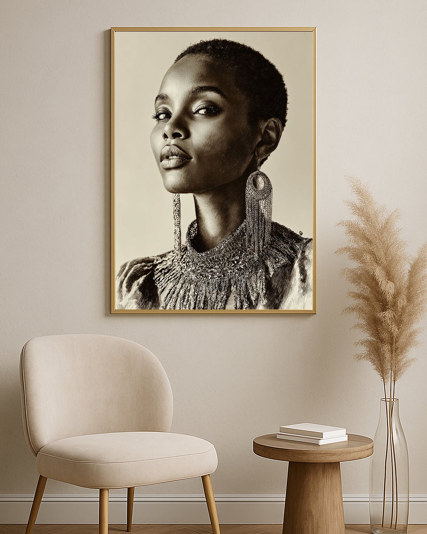 Sophisticated portrait decor with a woman in a monochrome drawing wearing statement earrings and an embellished neckline