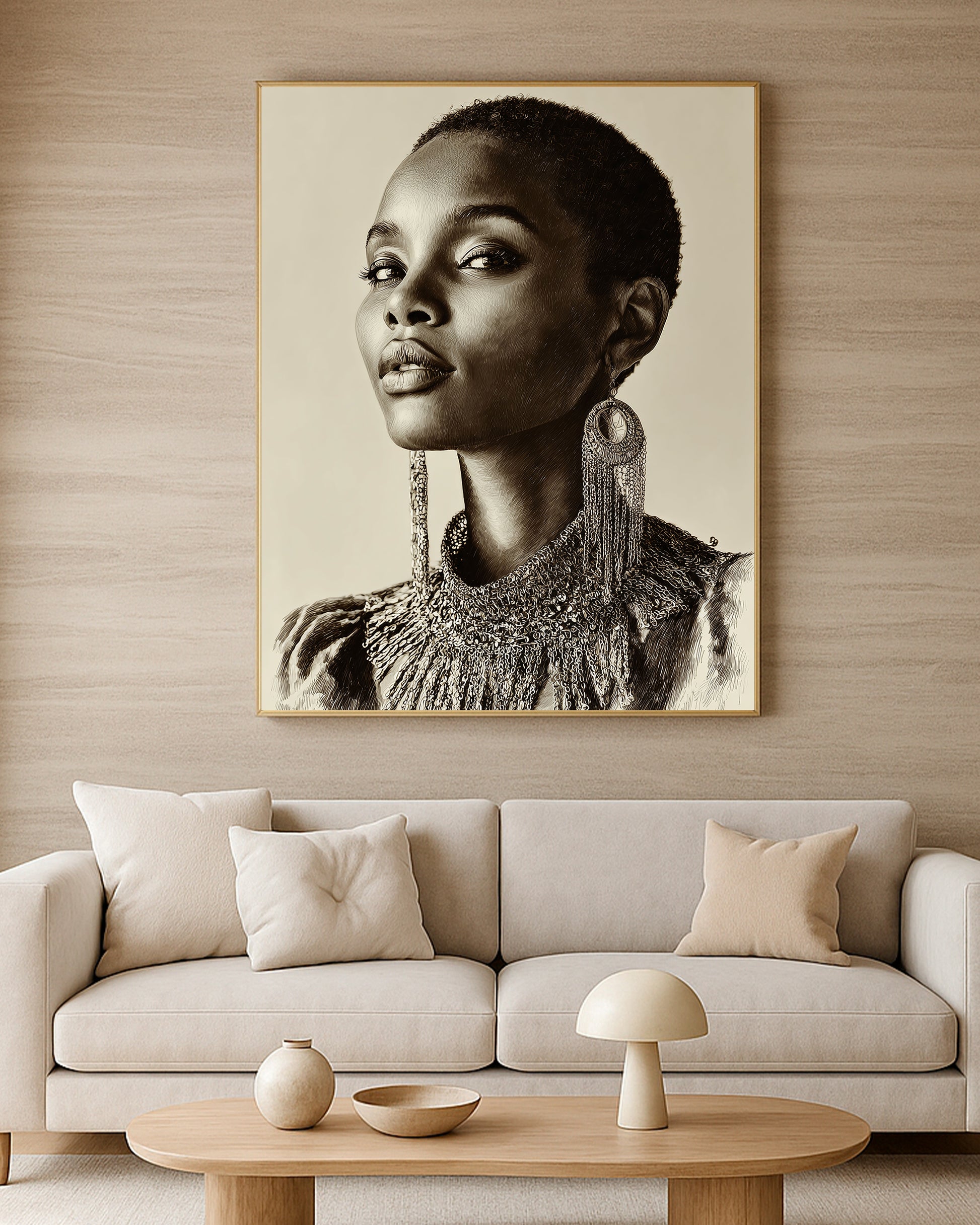 Modern feminine wall art with graceful facial detail, neutral palette, and elegant hand-drawn portrait styling