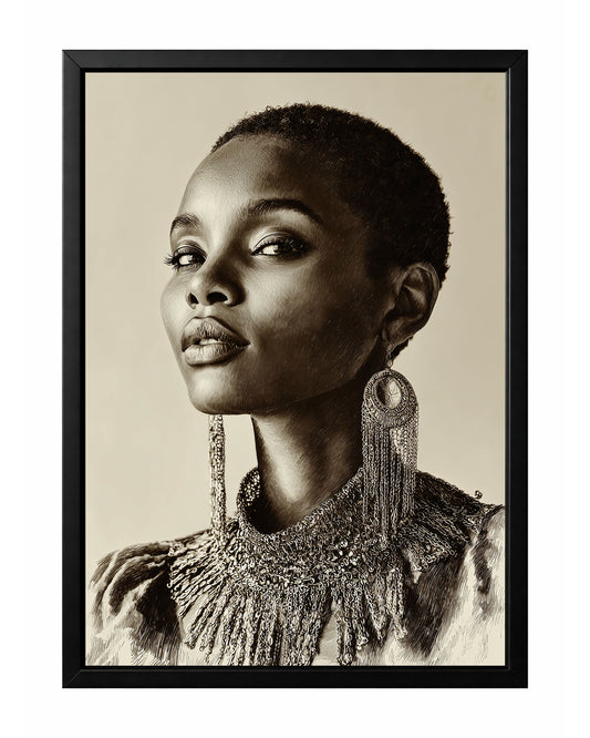 Elegant woman portrait wall art with detailed monochrome linework and ornate dangling earrings on a warm neutral background