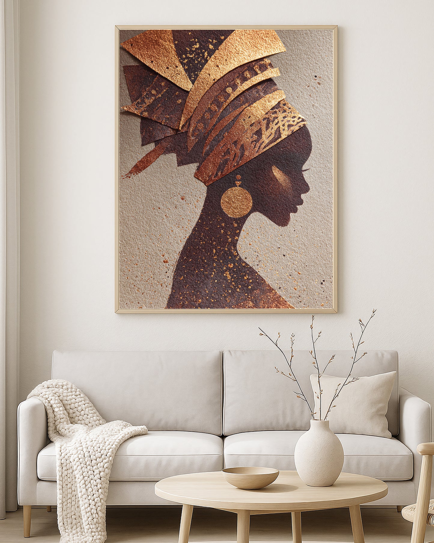 Modern wall art print showing a stylized woman profile with gold accents, statement earring, and textured beige backdrop