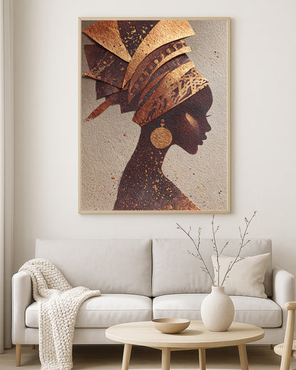 Modern wall art print showing a stylized woman profile with gold accents, statement earring, and textured beige backdrop