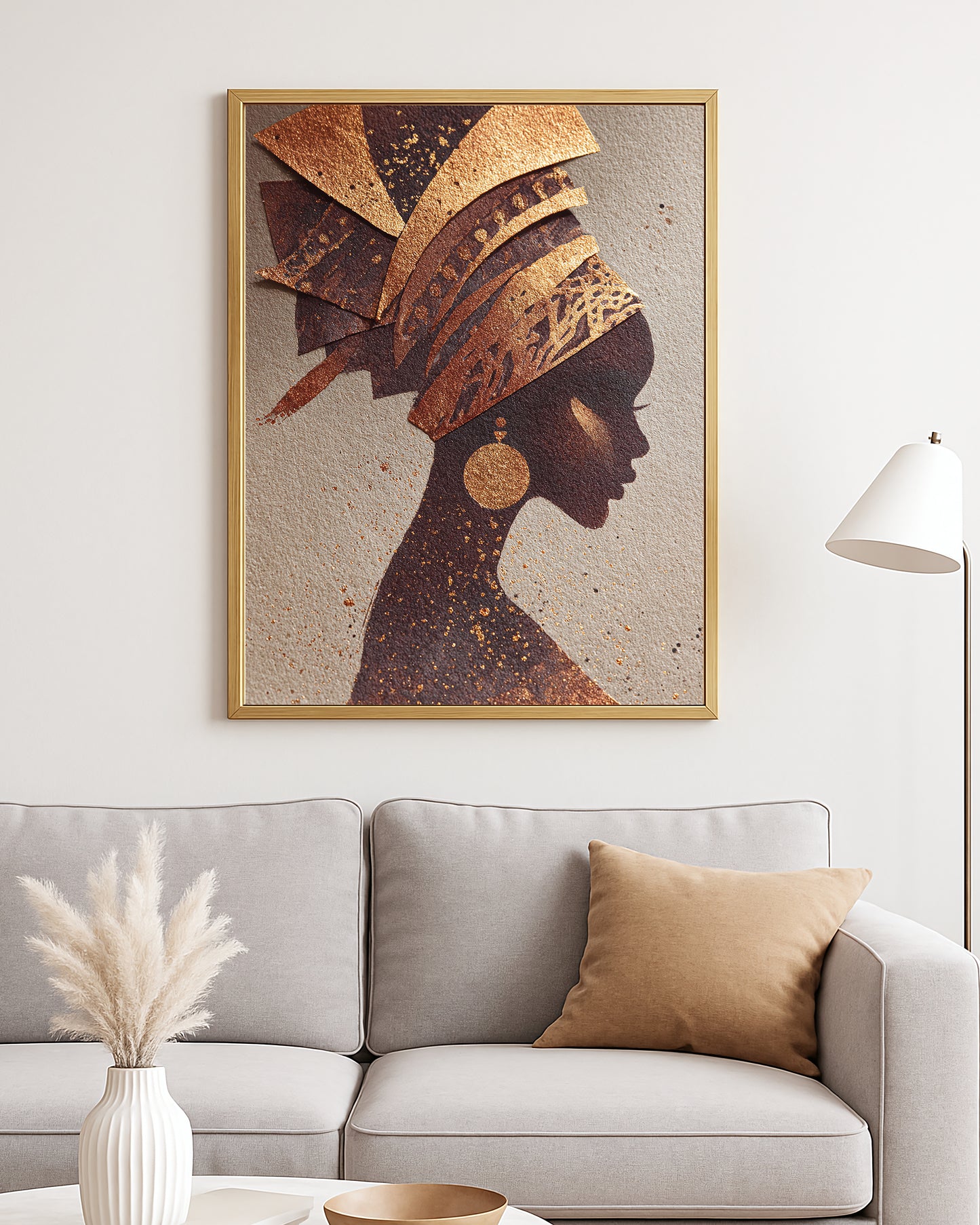 Contemporary feminine decor with an abstract silhouette portrait in brown, gold, and warm neutral tones