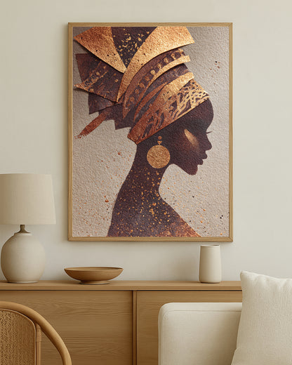 Cultural-inspired portrait wall art with a graceful side profile, decorative headwrap, and luminous copper-gold texture