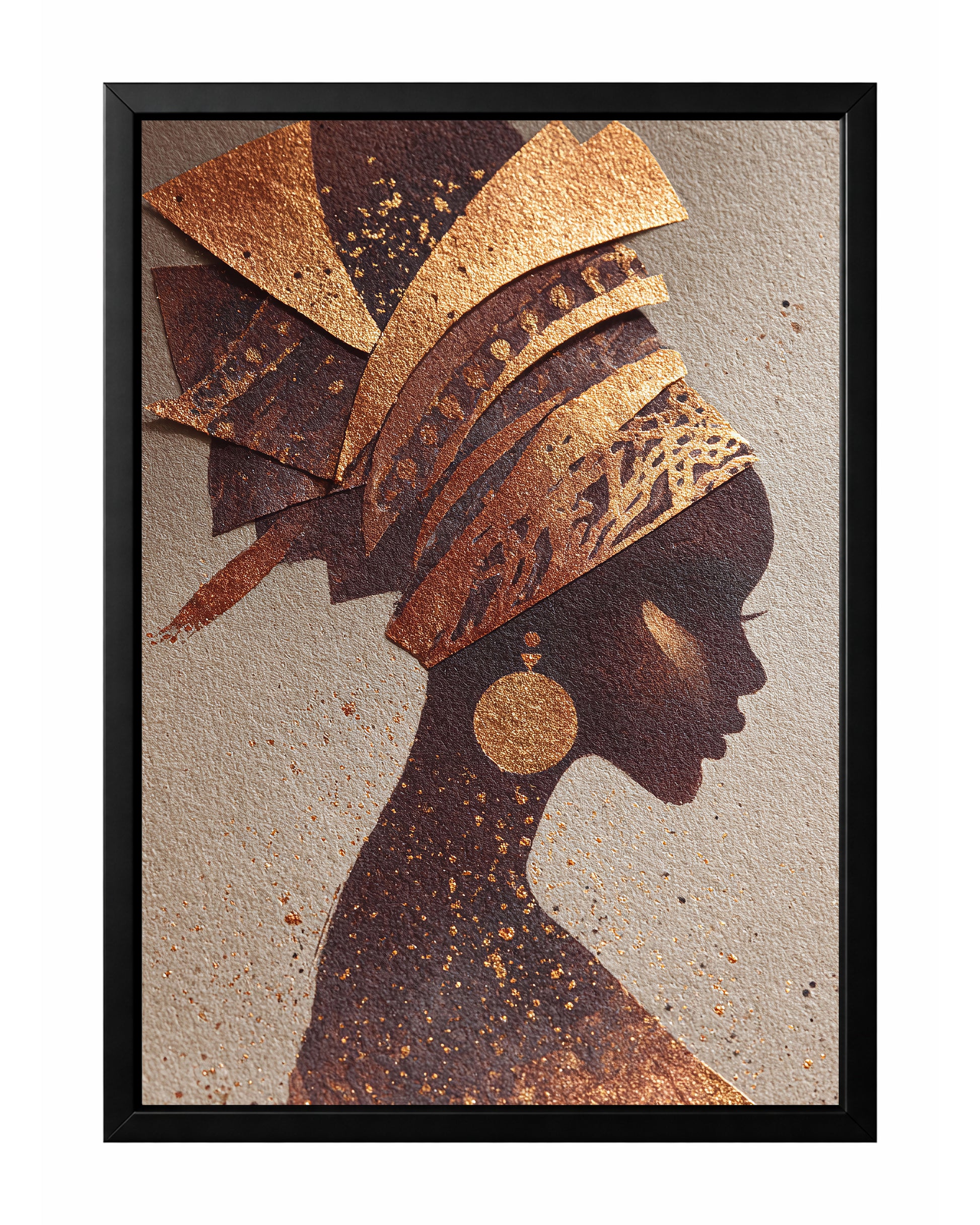 African silhouette portrait wall art with a woman in side profile and copper-gold headwrap on a warm neutral background