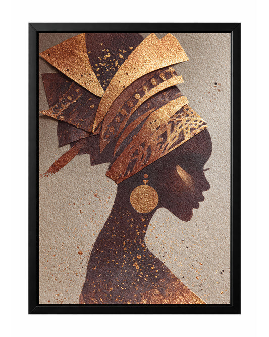African silhouette portrait wall art with a woman in side profile and copper-gold headwrap on a warm neutral background