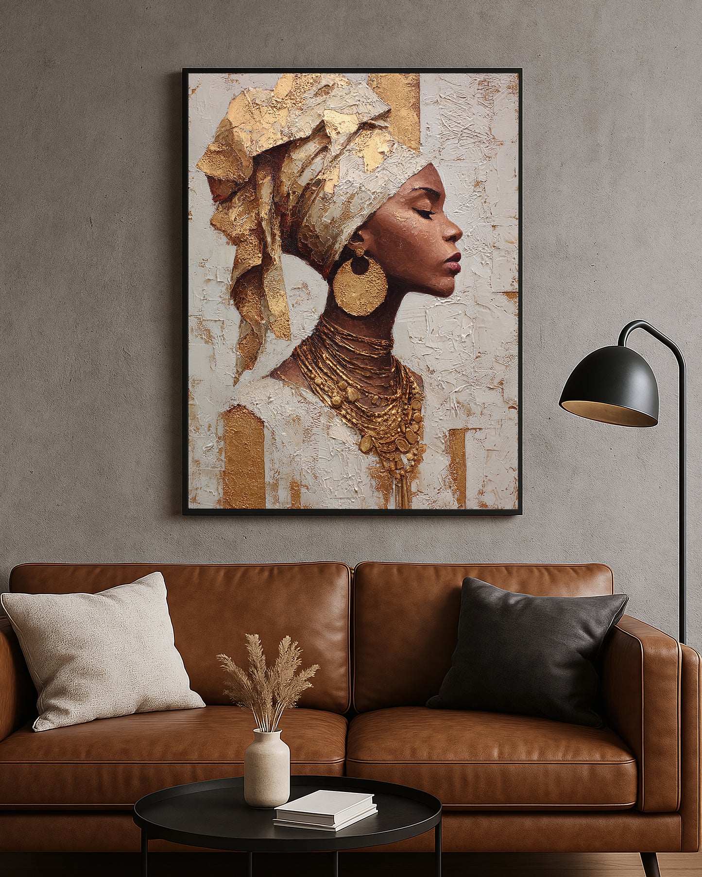 Elegant portrait artwork featuring a woman with closed eyes, large gold earring, and rich metallic-style details