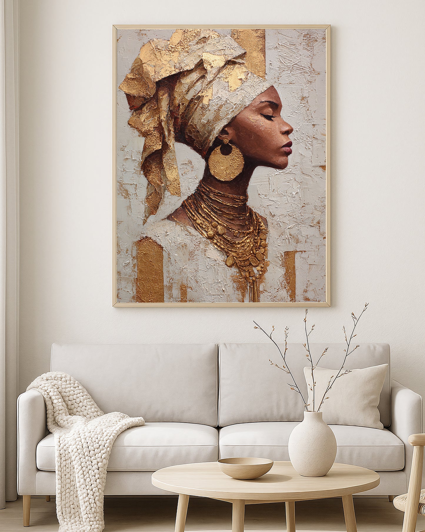 Contemporary wall art print showing a feminine profile in warm ivory, bronze, and gold textured tones
