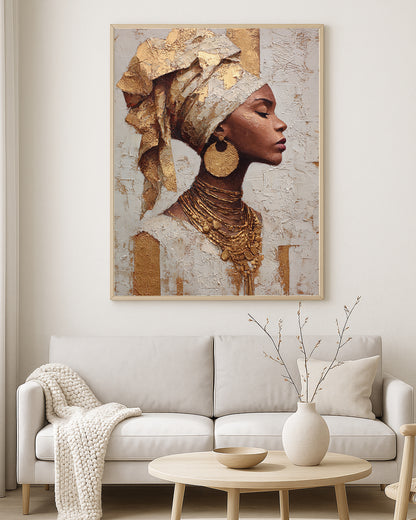 Contemporary wall art print showing a feminine profile in warm ivory, bronze, and gold textured tones