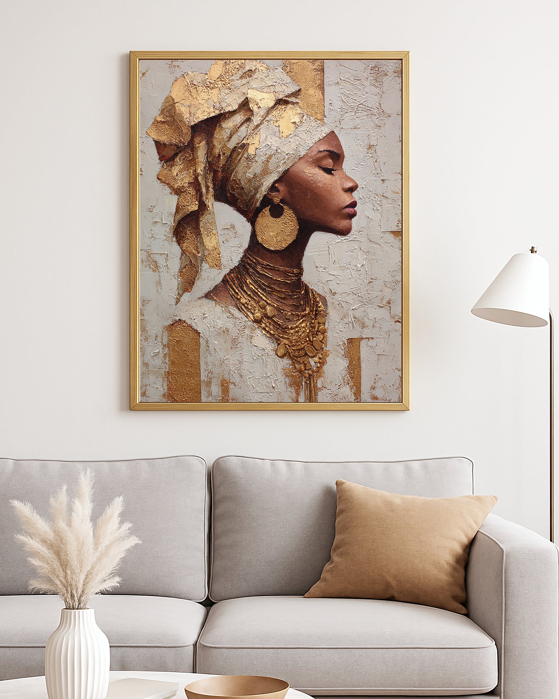 Luxe portrait decor with a woman in ornate jewelry and headwrap against a neutral abstract background