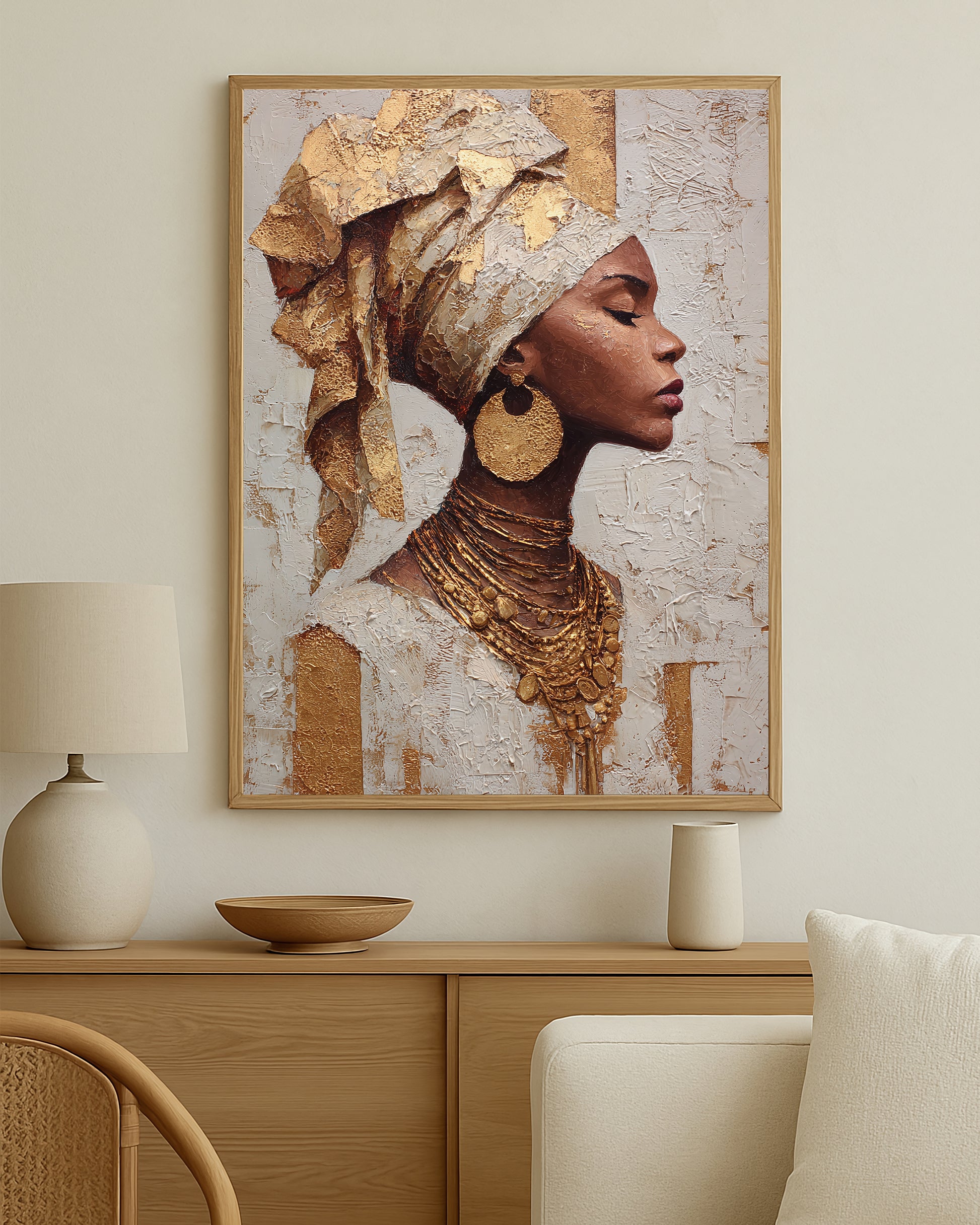Cultural-inspired feminine wall art with sculptural texture, gold accents, and a refined side-profile composition