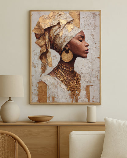 Cultural-inspired feminine wall art with sculptural texture, gold accents, and a refined side-profile composition