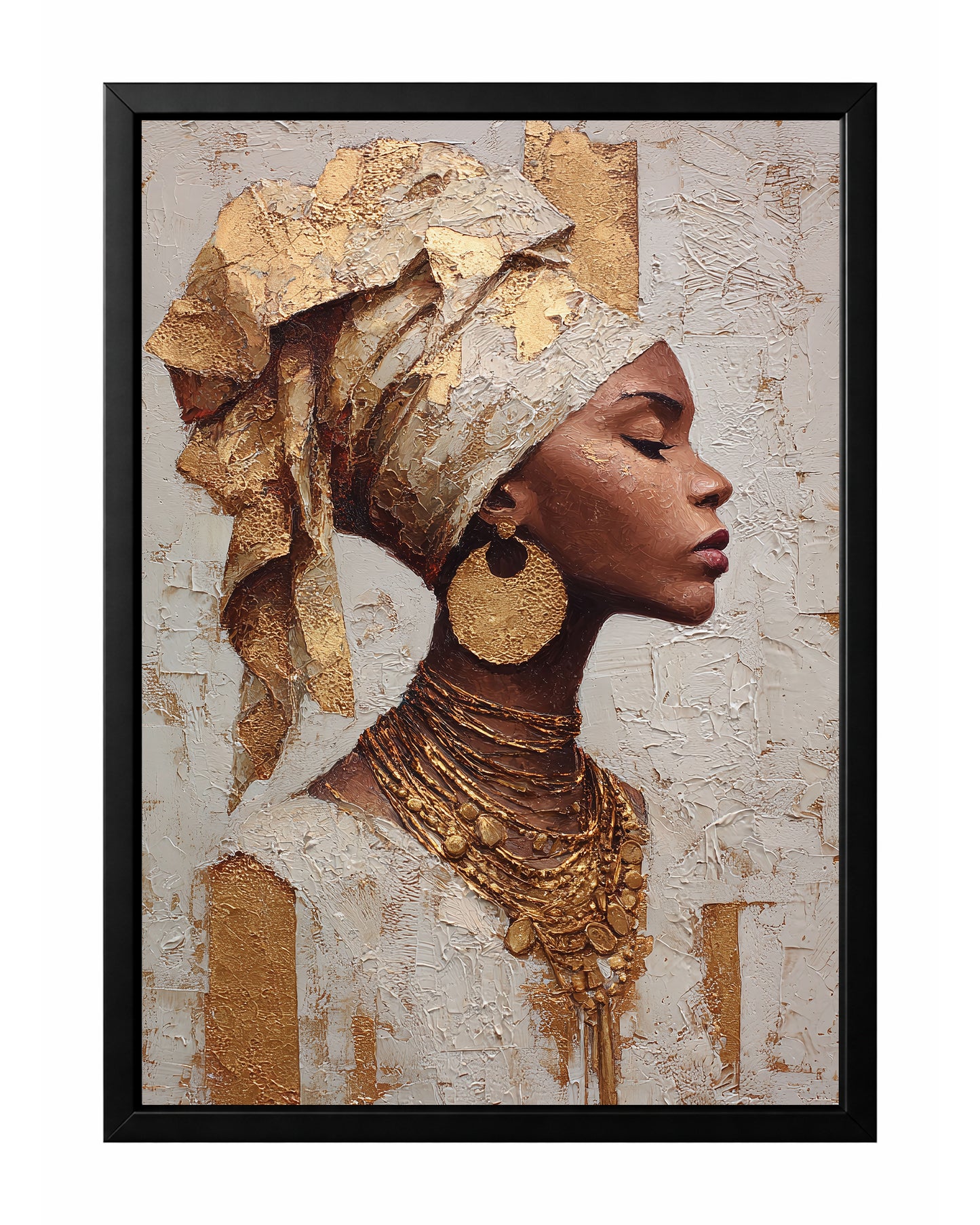 Gold African portrait wall art with a woman in side profile wearing a textured gold headwrap and layered jewelry