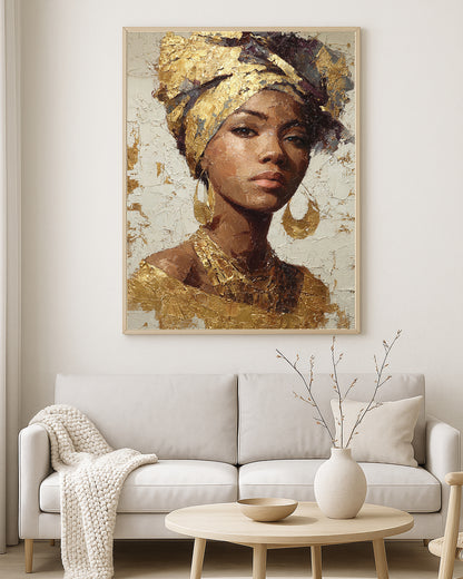 Contemporary wall art print showing a feminine portrait in warm ivory, bronze, and gold painterly tones