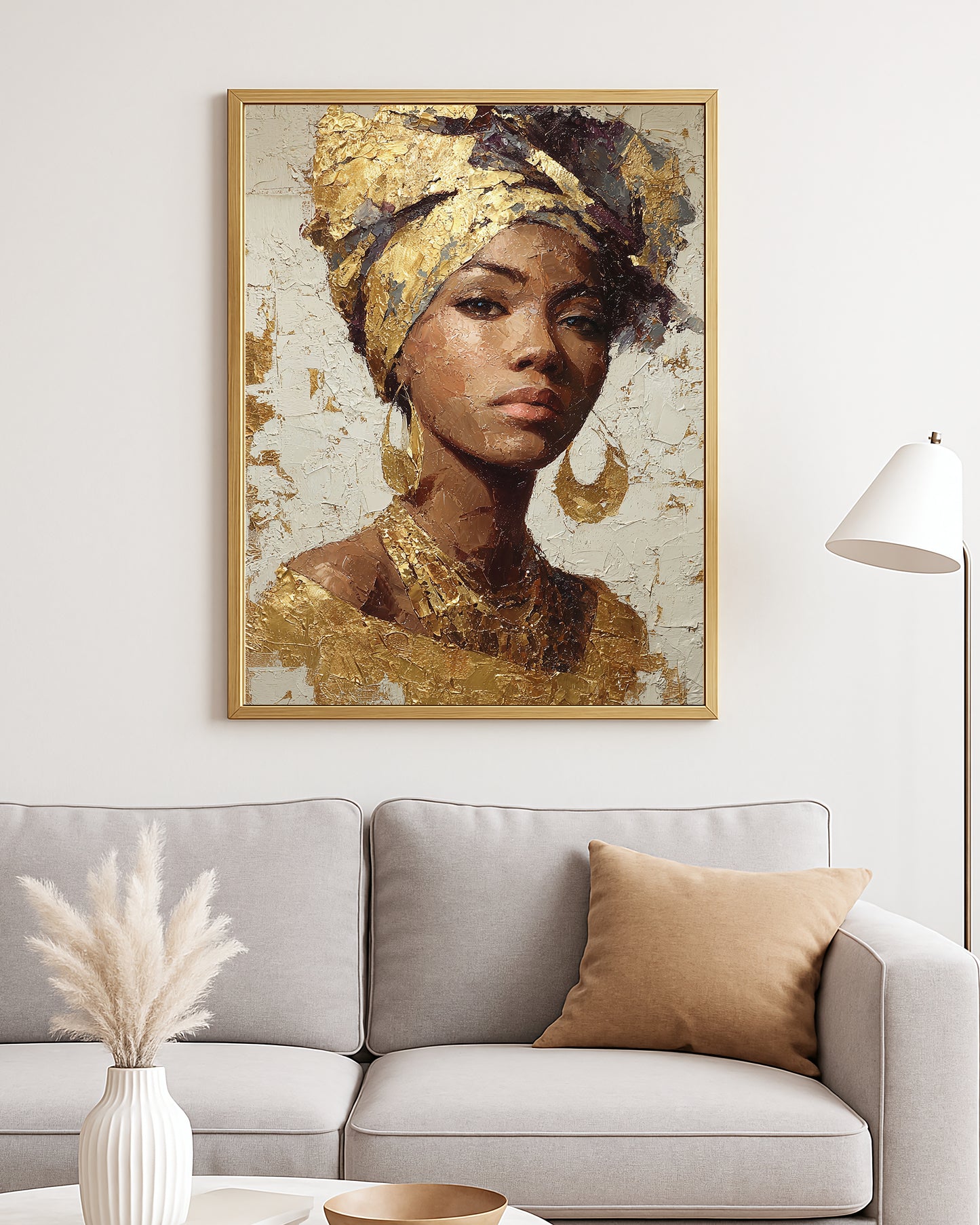 Luxe portrait decor with a woman in ornate jewelry and headwrap against a textured abstract backdrop