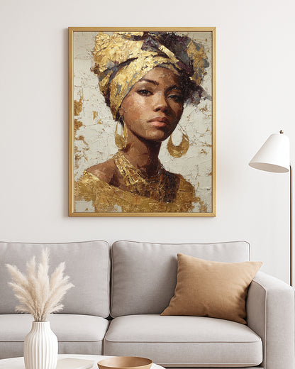 Luxe portrait decor with a woman in ornate jewelry and headwrap against a textured abstract backdrop