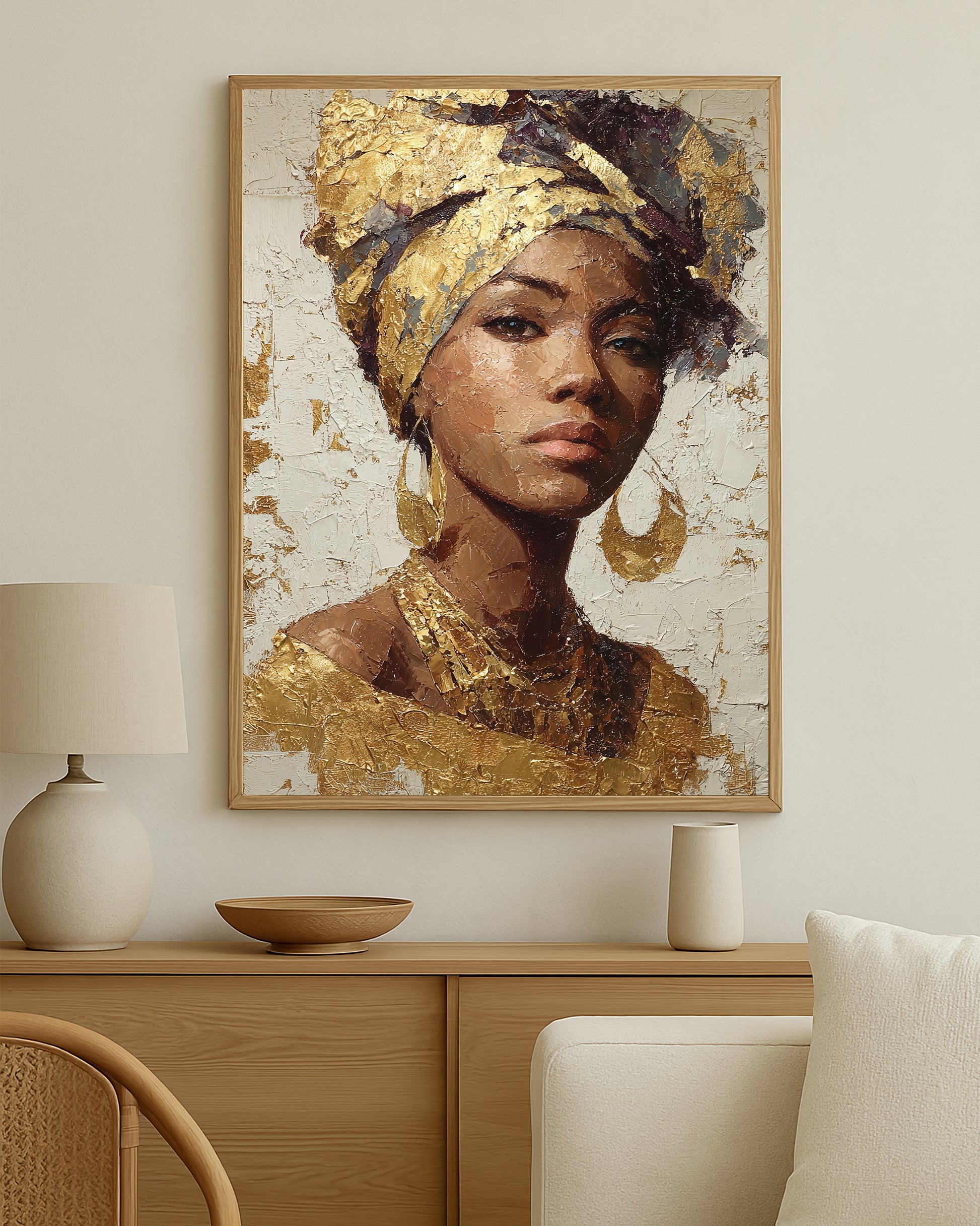 Cultural-inspired feminine wall art with sculptural texture, luminous gold accents, and a refined modern composition