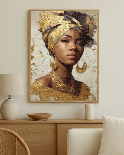 Cultural-inspired feminine wall art with sculptural texture, luminous gold accents, and a refined modern composition