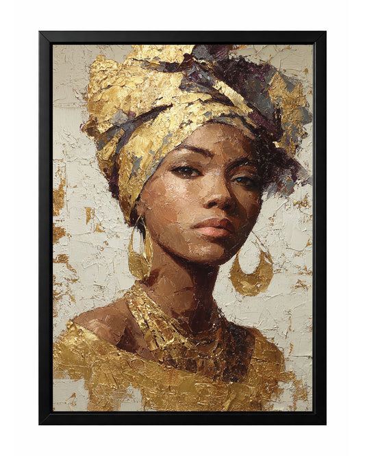 Gold African portrait wall art with a woman wearing a textured gold headwrap and layered metallic-style jewelry